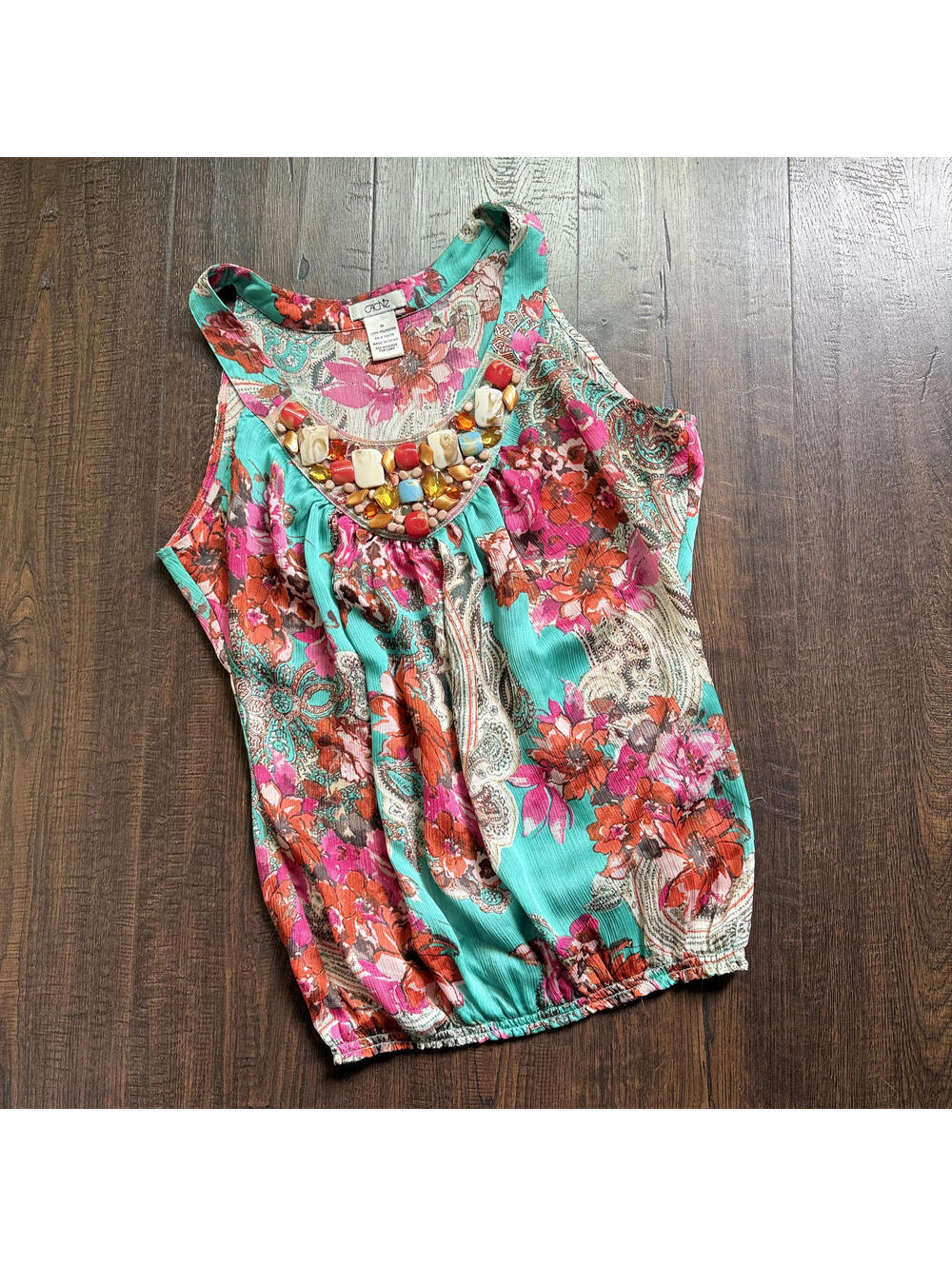 Vintage Y2K Pink Floral Caché Beaded Rhinestone Scoop Neck Babydoll Satin Top XS
